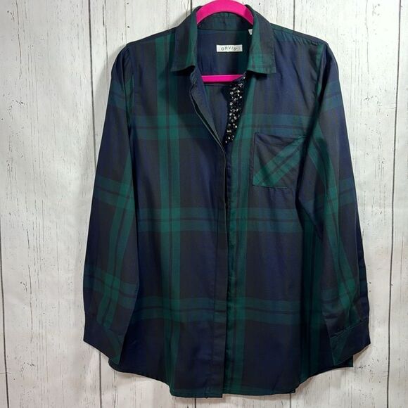 Orvis Womens Plaid Button Down Shirt with Beaded Trim Green Navy Preppy Classic - Picture 5 of 16